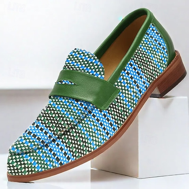  Mocassins à boucle en nylon tissé vert pour homme - Chaussures décontractées uniques