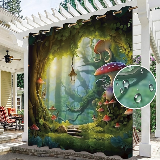  Wasserdichter Outdoor Vorhang Außenvorhang für Privatsphäre, Außenjalousien, verschiebbare Terrassenvorhangvorhänge, Pergolavorhänge mit Ösen, Pilzwald für Pavillon, Balkon, Veranda, Party