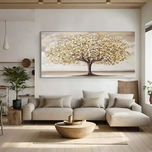 Peinture à l'huile sur toile peinte à la main, paysage, arbres texturés faits à la main en automne, prairie jaune, peinture acrylique, paysage fluvial, art mural, peinture à l'huile pour chambre à