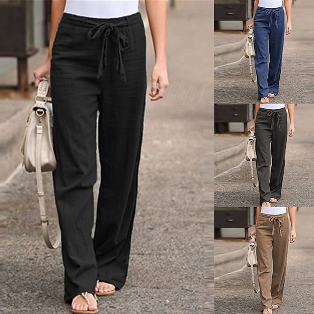  Femmes Pantalon en coton et lin Slacks Mode Streetwear Confort Longueur complète Taille haute Uni Conception à cordon élastique Confortable Rue Sortir Bleu œuf de mer Gris Noir Blanche Été Coupe