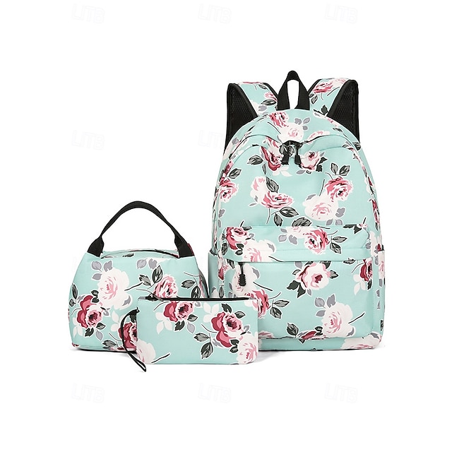  3-delige rugzakset met bloemenprint voor meisjes, met geïsoleerde lunchtas en etui – lichtgewicht waterdichte schooltas voor tieners en studenten