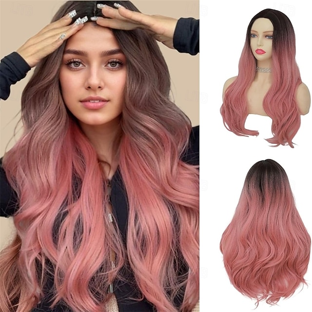  Parrucca riccia rosa per donna, parrucca lunga ondulata con riga centrale, parrucca sintetica resistente al calore in fibra per cosplay di Halloween