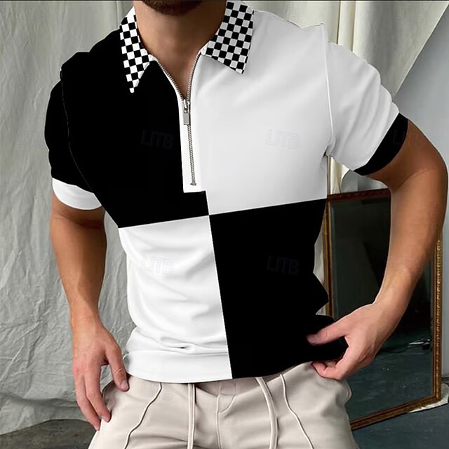 Men's Color Block Zip Polo Short Sleeve Turndown Casual Daily Outdoor Athleisure Zipper Summer Black-White4