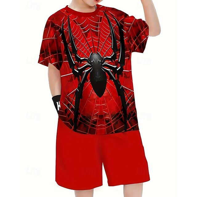  Poikien 3D SPIDER T-paita ja shortsit Setti Lyhythihainen Kesä Kevät Urheilu Muoti Päivittäin Lapset 4-12 vuotta Tiukka pyöreä kaula-aukko ulko- Loma Urheilu Räätälöity istuvuus