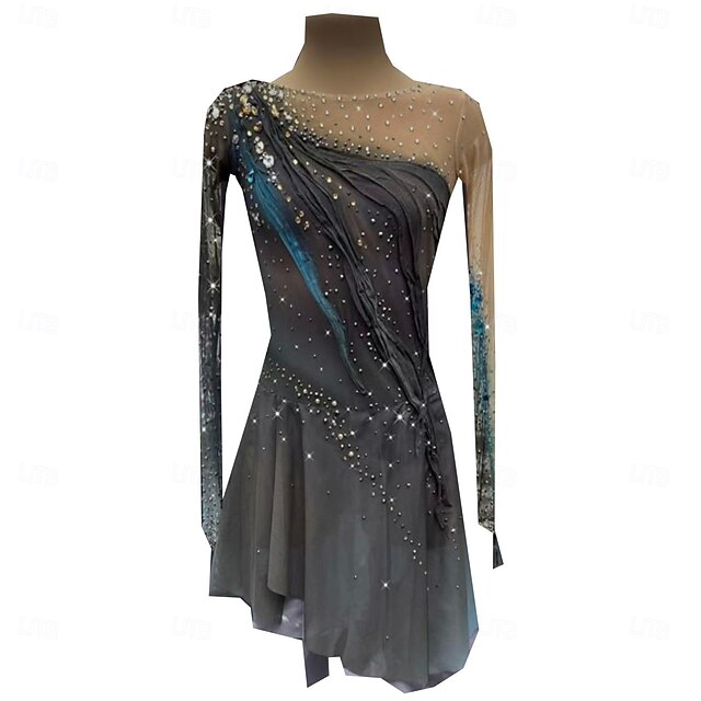 Figure Skating Dress Women's Girls' Ice Skating Dress Dark Grey Thumbhole Halo Dyeing High Elasticity Professional Competition Skating Wear Thermal Warm Crystal / Rhinestone Long Sleeve Ice Skating4