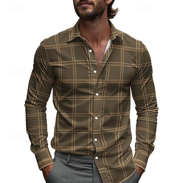 Herren Hemd Sommerhemd Freizeithemd Strandhemd Knopfhemd Gelb Blau Grün Grau Langarm Karomuster Revers Urlaub Hawaiianisch Button-Down Bekleidung Polyester Mode Lässig Bequem