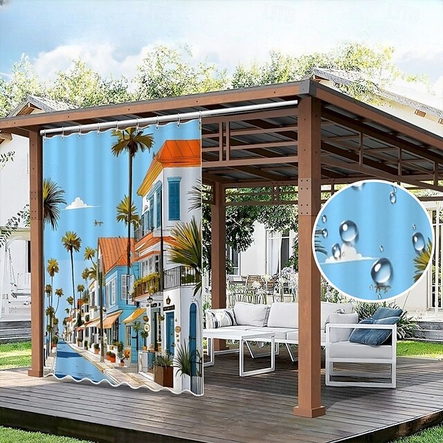  Rideau extérieur imperméable rideau de patio coulissant rideaux de pergola œillets paysage 3D vue de la ville pour gazebo balcon porche fête 1 panneau