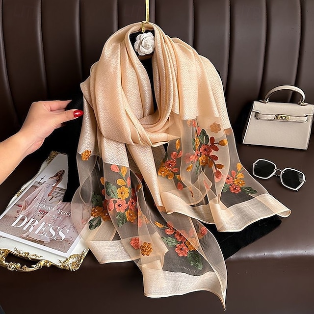  Printemps et automne nouveau clou perle simulation foulard en soie élégant et polyvalent pour les femmes brodé fleur de pommier longue écharpe été crème solaire écharpe