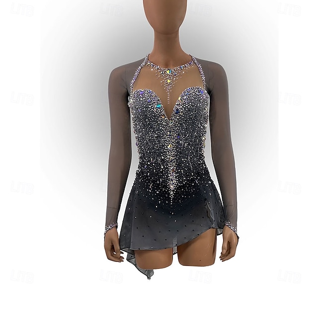  Rochie de Patinaj Artistic Pentru femei Fete Πατινάζ στο πάγο Rochii Negru+Argintiu Mâneci cu Gaura Deschide Înapoi Plasă Înaltă Elasticitate Antrenament Competiție Ținută Patinaj Clasic Cristale