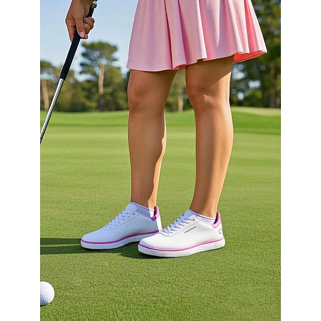  golfskor med snörning för kvinnor | lätta halkfria promenadsneakers för kvinnliga golfare | snygg rosa och vit design för träning och lek