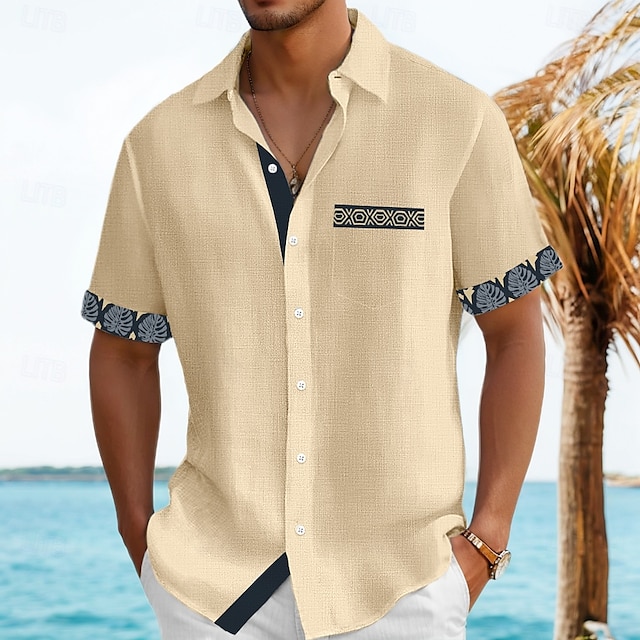  Herren Hemd Leinenhemd Sommerhemd Strandhemd Karomuster Urlaub Ferien Schwarz Marineblau Grün Khaki Kurzarm Kragen Sommer Bekleidung