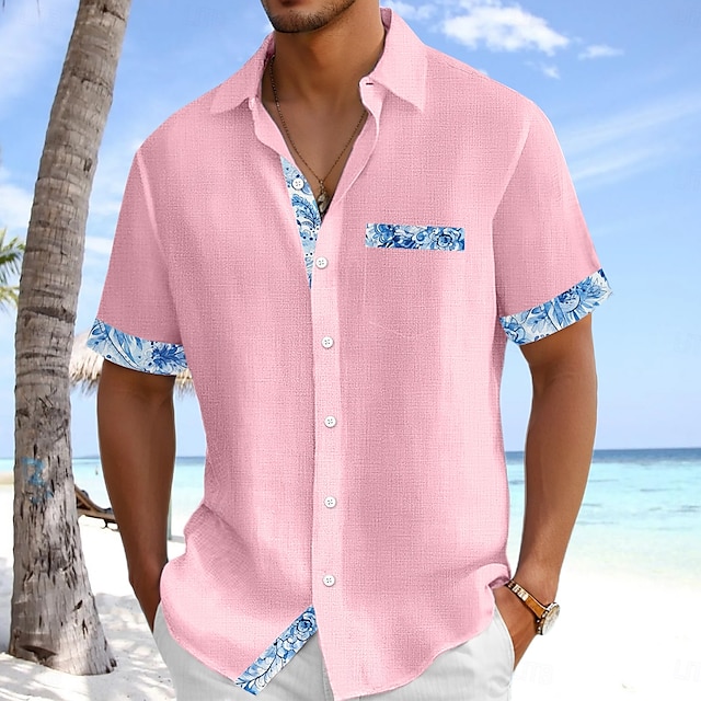  Voor heren Overhemd Linnen overhemd Zomer overhemd Strand Kleding Overhemd met knopen Effen Kleur Vakantie Curise Wit Blozend Roze Marineblauw Licht Blauw Korte mouw Kraag Zomer Lente zomer Kleding