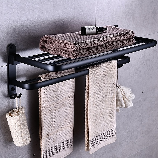  Aluminum Alloy Towel Holder Storage Organizer Shelf Wall Mounted Folding Towel Rack Bathroom Accessories, Black
