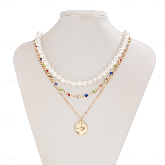  Collier de Perles Perle d'imitation Femmes Élégant Mode Superposé Médaille Mignon Mariage Géométrique Colliers Tendance Pour Soirée Cadeau Quotidien