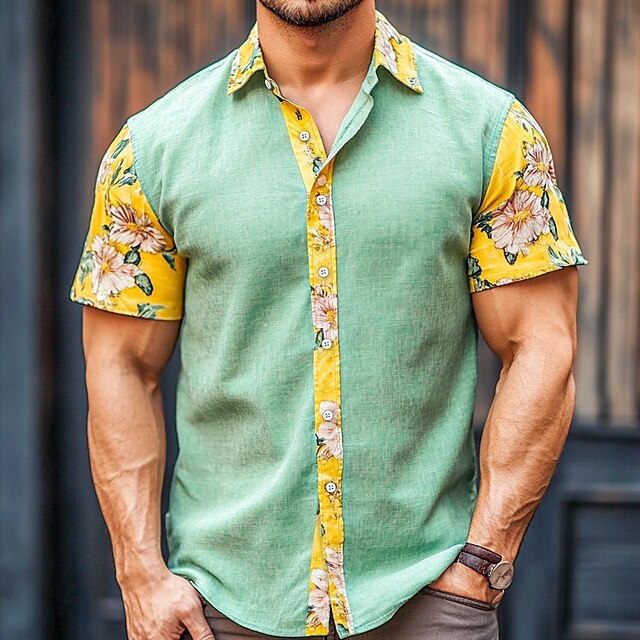 Men's Shirt Linen Shirt Beach Shirt Summer Hawaiian Shirt Floral Outdoor Street Green Short Sleeve Turndown Summer Spring Clothing Apparel Print4