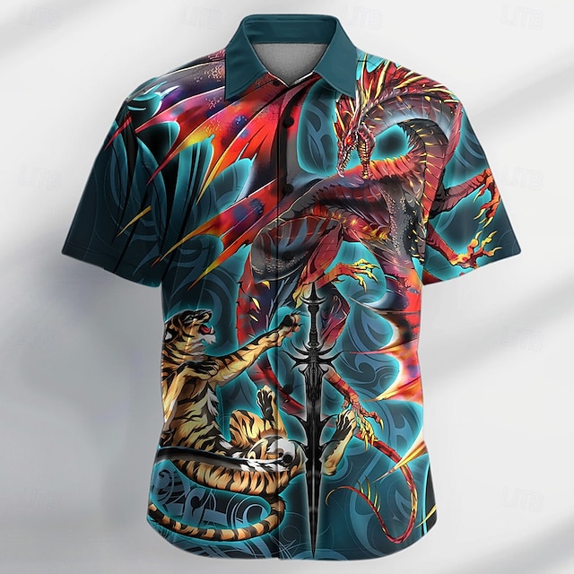  Dragonblade Tigerblade High Rez by Ruth Thompson Camisa masculina com botões, estampa de animal, tigre e dragão, camisa de designer de manga curta, edição limitada para artista