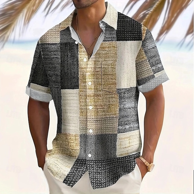  Men's Geometric Color Block Patchwork Shirt Casual Shirt Button Up Shirt Short Sleeve Fashion Casual Vacation Dailywear Holiday Summer Spring Turndown 3D Print Collared Shirts Front One Pocket Blue