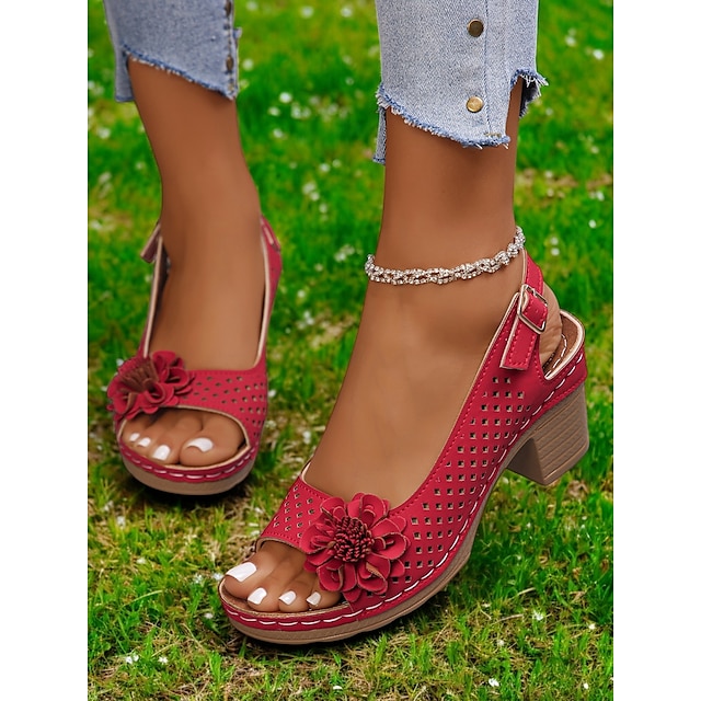  slingback-sandaler med blommig utskärning för kvinnor – bekväma sommarsandaler med tjocka klackar för vardags- och trädgårdsfester