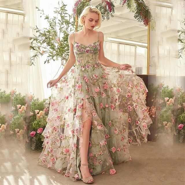 Ball Gown A-Line Quinceanera Dresses Elegant Dress Wedding Wedding Guest Floor Length Sleeveless Spaghetti Strap Polyester Backless with Floral Print Pleats Slit4