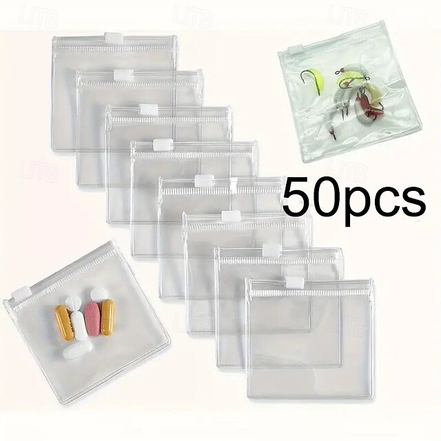  50 peças de sacos de armazenamento com zíper de PVC transparente, pequenas bolsas de plástico para joias, itens essenciais de viagem, bolsas organizadoras portáteis laváveis à mão, bolsas com zíper duráveis para cosméticos e acessórios