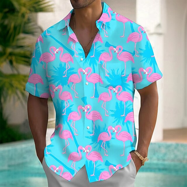Men's Flamingo Bird Shirt Summer Hawaiian Shirt Button Up Shirt Short Sleeve Hawaiian Vacation Holiday Beach Wear Summer Spring Turndown 3D Print Collared Shirts Front One Pocket Blue4