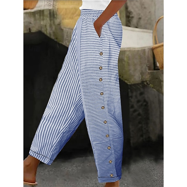  Mujer Pantalones de lino y algodón Básico Casual Longitud total Alta cintura A Rayas Bolsillo Cintura elástica Estampado Confortable Al Aire Libre Cómodo Calle Ropa Cotidiana Noche Negro Rosa Azul