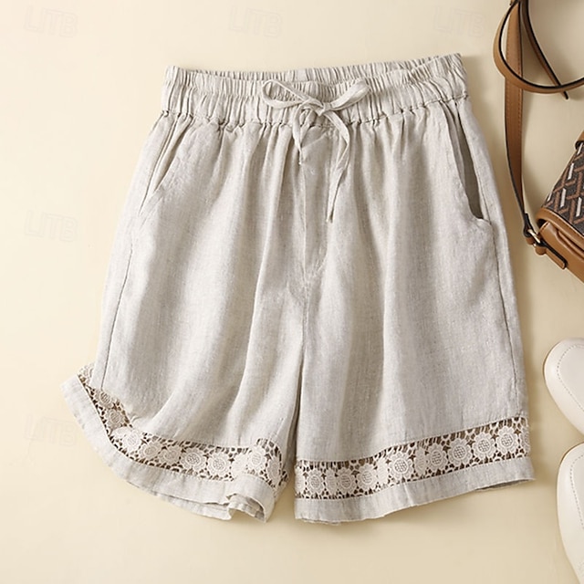  Femmes Short en coton et lin Shorts Slacks Occasionnel Court Naturel Uni Avec Poches Conception à cordon élastique Confortable Extérieur Sortir Noir Gingembre Vert Amande Été Coupe régulière