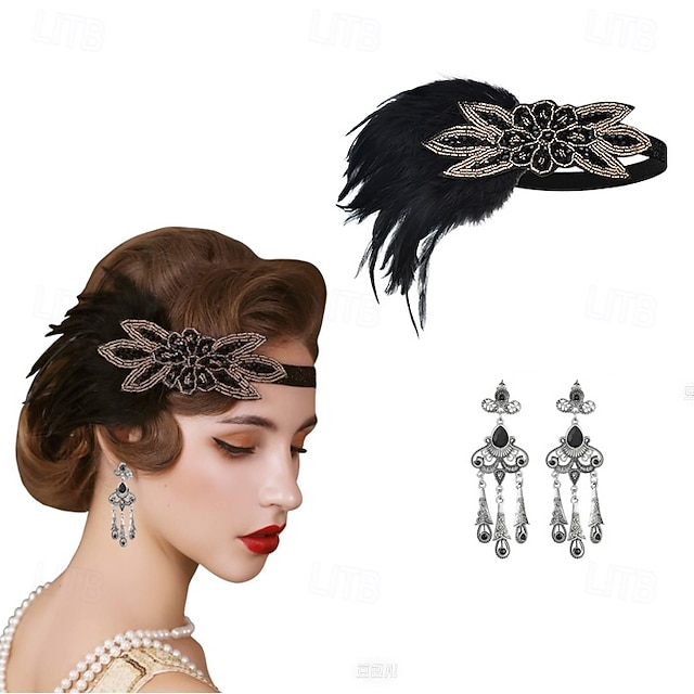  1920-as évek A nagy Gatsby Flapper fejpánt Gyöngyös karkötő Fülbevaló A nagy Gatsby Toll Retro Csillogó glitter Kristály / Strassz Női Farsang Valentin nap Álarcos mulatság Party estélyi viselet