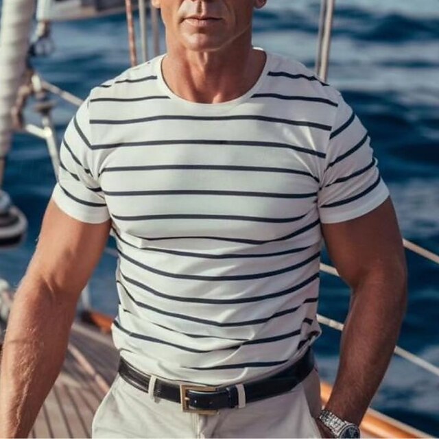 Men's T Shirt Short Sleeve Crew Neck Summer Striped Fashion Designer Basic Classic Vacation Street Going out White Top Tee for Men3