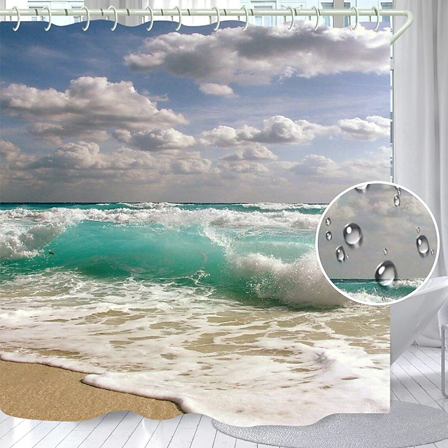 Shower Curtains with Hooks Waterproof 180cm*180cm(70"*70")White Clouds Waves Printing Modern Polyester 9