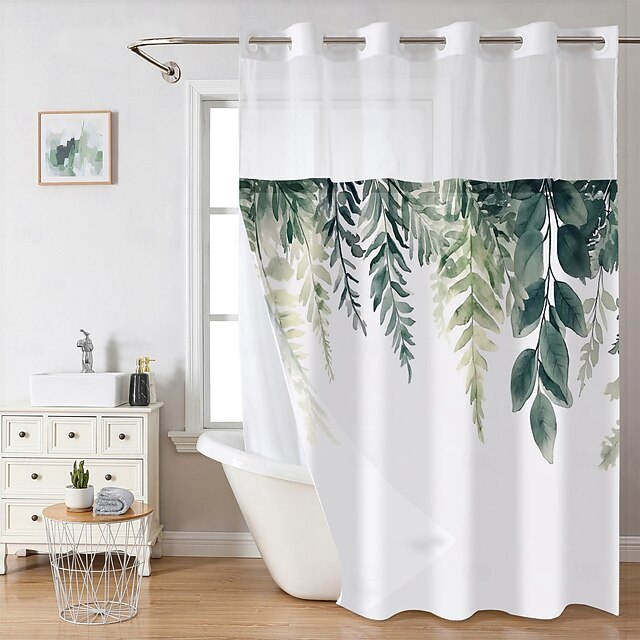 Duschvorhang ohne Haken 200 cm hoch duschvorhang waschbar mit snap-in Polyester bluemen blatt Innenfutter durchsichtiger Oberfenster wasserdichter doppelschichtiger Badewannenvorhang mit Blattmuster