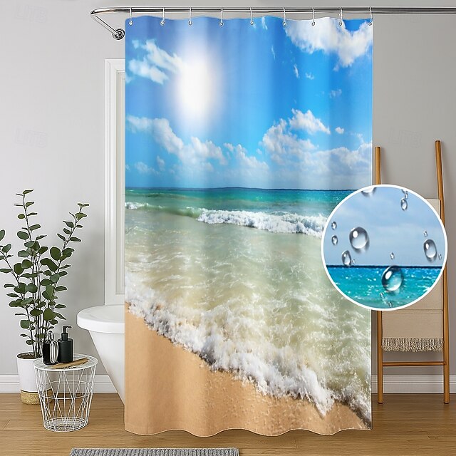 Shower Curtain with Hooks 180cm*180cm(70"*70")Suitable for Separate Wet and Dry Zone Divide Bathroom Waterproof Oil-proof Seaside Sunset Landscape Pattern Bath Curtain2