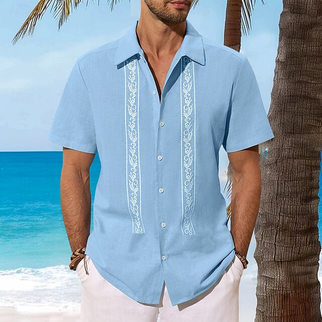Men's Shirt Linen Shirt Guayabera Shirt Summer Shirt Beach Shirt Floral Vacation Casual Green Light Blue Short Sleeve Collar Summer Spring Clothing Apparel4