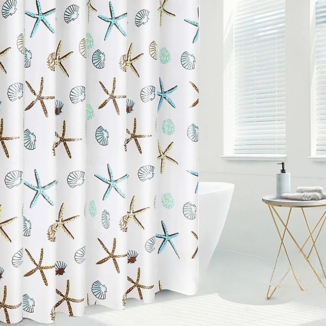  Cortina de Ducha Forro PEVA Impermeable 12 Ganchos Decoración de Baño Estilo Nórdico Impresión de Triángulo/Cuadro de Playa y Océano