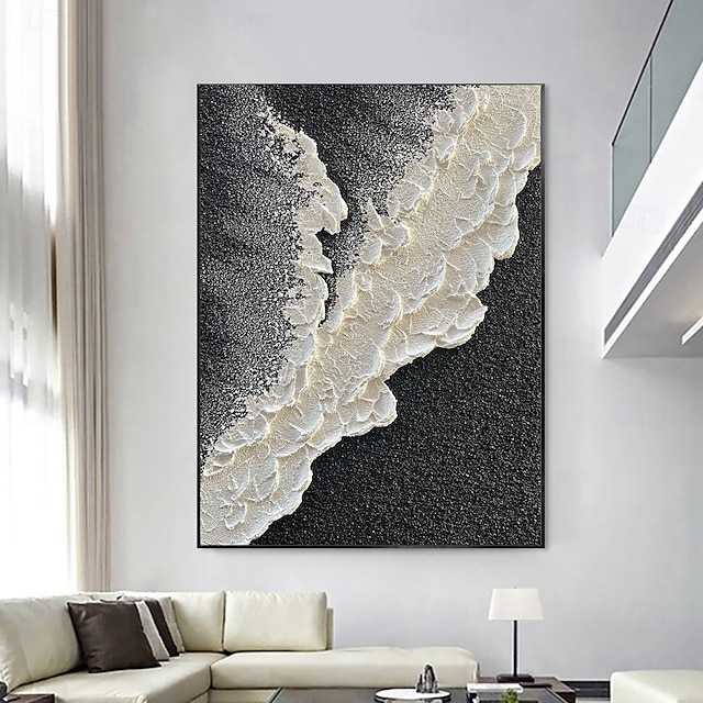  Peinture à l'huile faite à la main sur toile, décoration murale, noir et blanc, texture vague abstraite simple pour la décoration intérieure, cadre tendu, peinture suspendue/peinture roulée sans