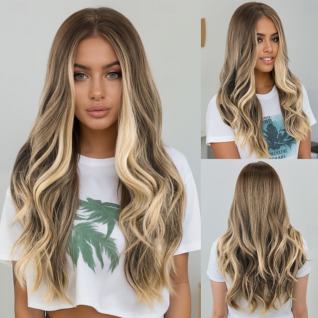  Synthetic Wig Wavy Deep Wave Layered Haircut With Bangs Machine Made Wig 24 inch A1 Synthetic Hair Women's Cosplay Classic Color Gradient Blonde