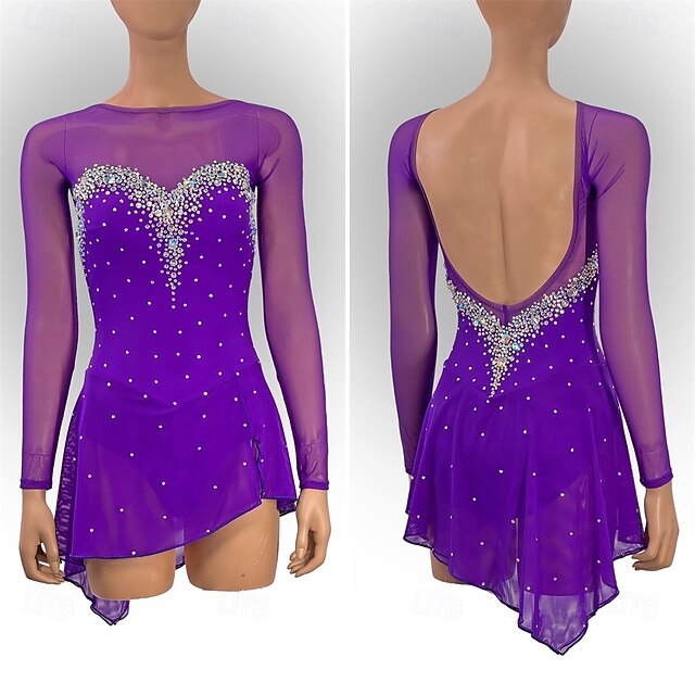 Figure Skating Dress Women's Girls' Ice Skating Dress Fuchsia Patchwork Open Back Mesh High Elasticity Training Competition Skating Wear Classic Crystal / Rhinestone Long Sleeve Ice Skating Figure2