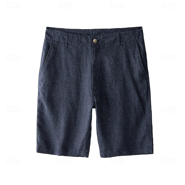  Shorts masculino 100% linho liso na altura do joelho, para escritório, uso diário, férias, estilo étnico, azul escuro, inelástico