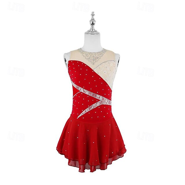 Figure Skating Dress Women's Girls' Ice Skating Dress Red Patchwork Thumbhole Mesh Spandex Stretchy Training Practice Professional Skating Wear Thermal Warm Crystal / Rhinestone Sleeveless Ice3
