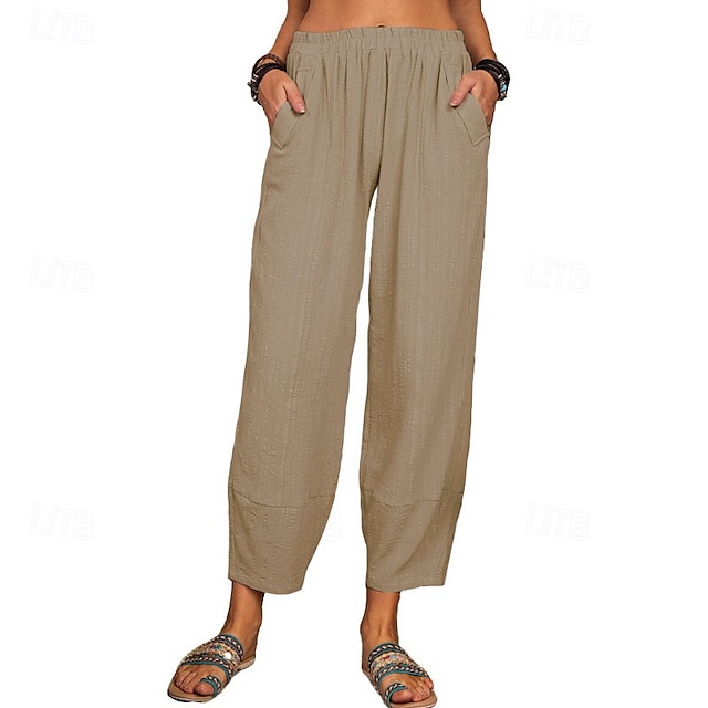  Per donna Pantaloni in cotone e lino Pantaloni Eleganti Streetwear Casual Lunghezza intera Naturale Semplice Tasca Elastico in vita Comodo Confortevole Uscire Weekend Vinaccia Grigio Nero Bianco