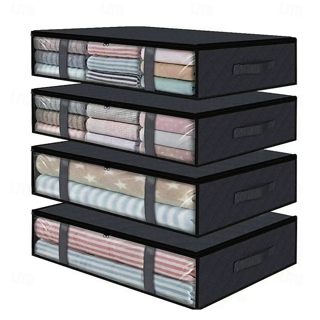 Pacote com 4 recipientes de armazenamento embaixo da cama, organizador de roupas, bolsa de 90 litros, suporte de tecido dobrável não tecido com alças duplas para roupa de cama, armário de dormitório,