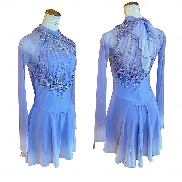 Figure Skating Dress Women's Girls' Ice Skating Dress Sky Blue Thumbhole Halo Dyeing High Elasticity Professional Competition Skating Wear Thermal Warm Crystal / Rhinestone Long Sleeve Ice Skating4