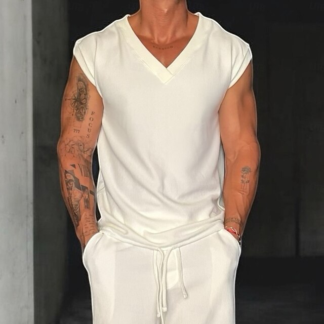 Men's Tank Top Vest Sleeveless Shirt Sleeveless V Neck Summer Plain Fashion Classic Casual Drawstring Plain Street Casual Sports White Top Tee for Men4