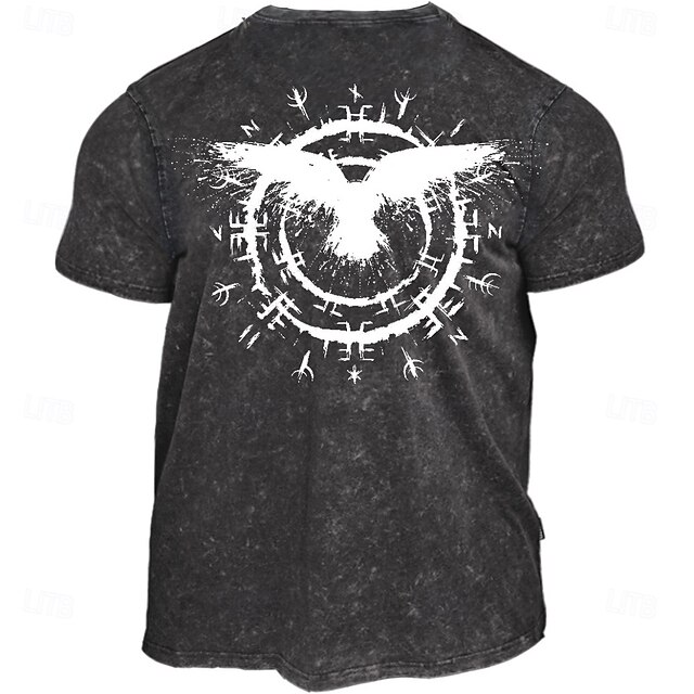 Mens Short Sleeve Graphic T-Shirt with Viking Raven & Runic Symbols - Norse Mythology Washed Tee4