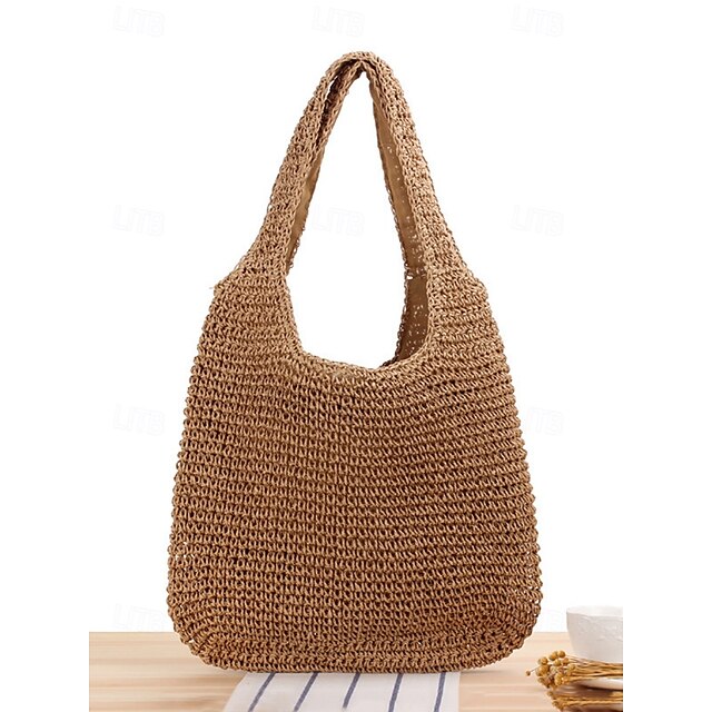  geantă de umăr din paie țesătă manual de damă – tote boho mare de plajă pentru călătorii de vară, vacanțe și ținute casual maro bej
