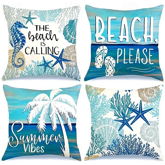 Summer Ocean Beach Decorative Toss Pillows Cover 4PC Soft Square Couch Cushion Case Pillowcase for Bedroom Livingroom Sofa Chair2