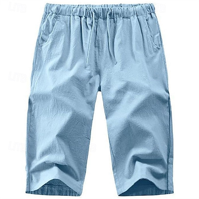  Homens Calças Capri Shorts de linho Shorts de verão Shorts de praia Bolsos Com Cordão Cintura elástica Tecido Conforto Respirável Comprimento da panturrilha Férias Feriado Praia Havaiana Boho Preto