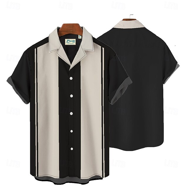Men's Shirt Summer Shirt Cuban Collar Shirt Bowling Shirt Button Up Shirt Camp Collar Shirt Khaki Short Sleeve Color Block Graphic Prints Turndown Hot Stamping Vacation Sports Print Clothing Apparel3