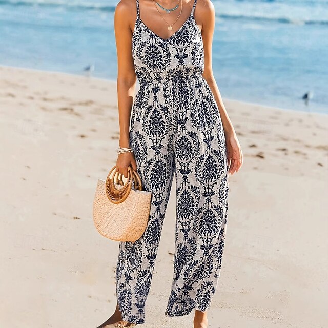 Women's Normal Dungarees Jumpsuit Streetwear Floral Sleeveless V Neck Backless Print Street Going out Regular Fit White Summer4