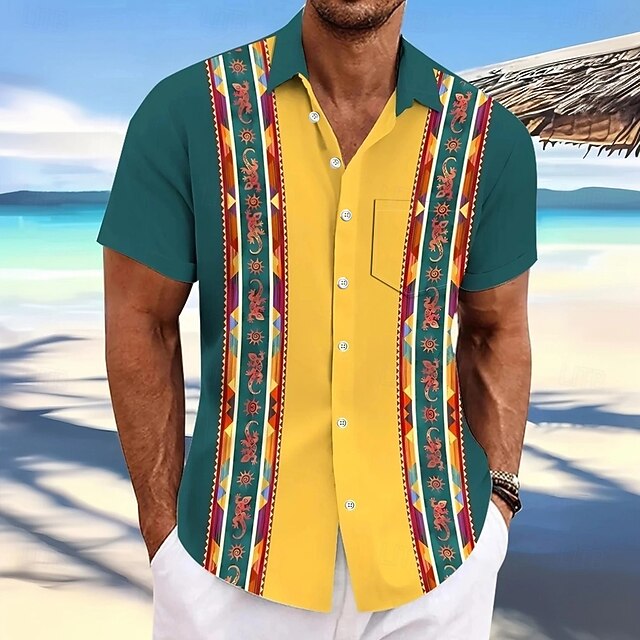 Men's Tribal Lizard Ethnic Shirt Casual Shirt Button Up Shirt Short Sleeve Vintage Retro Outdoor Vacation Dailywear Summer Spring Turndown 3D Print Collared Shirts Front One Pocket Blue4